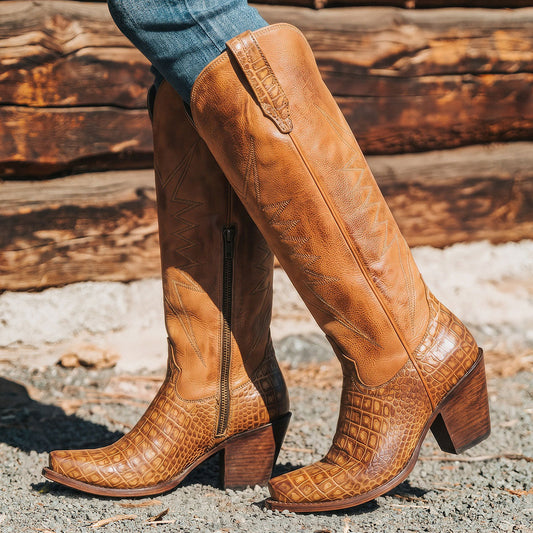 Freebird women's BAMBI tan croco multi leather knee high boot with starburst shaft stitching, embossed leather detailing and an inside brass zipper