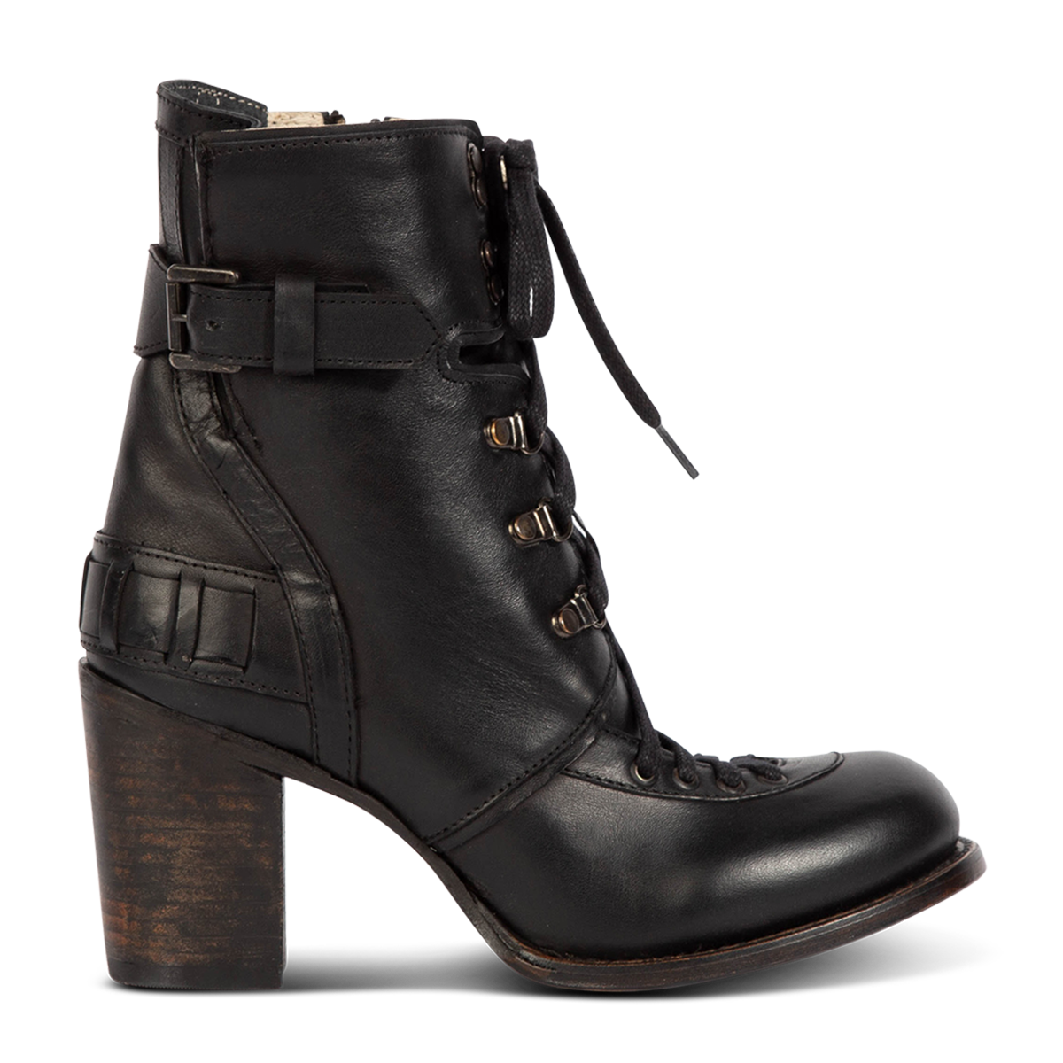 Freebird women's BANKS black leather bootie with an inside working brass zipper, a tall heel and front lace up closure