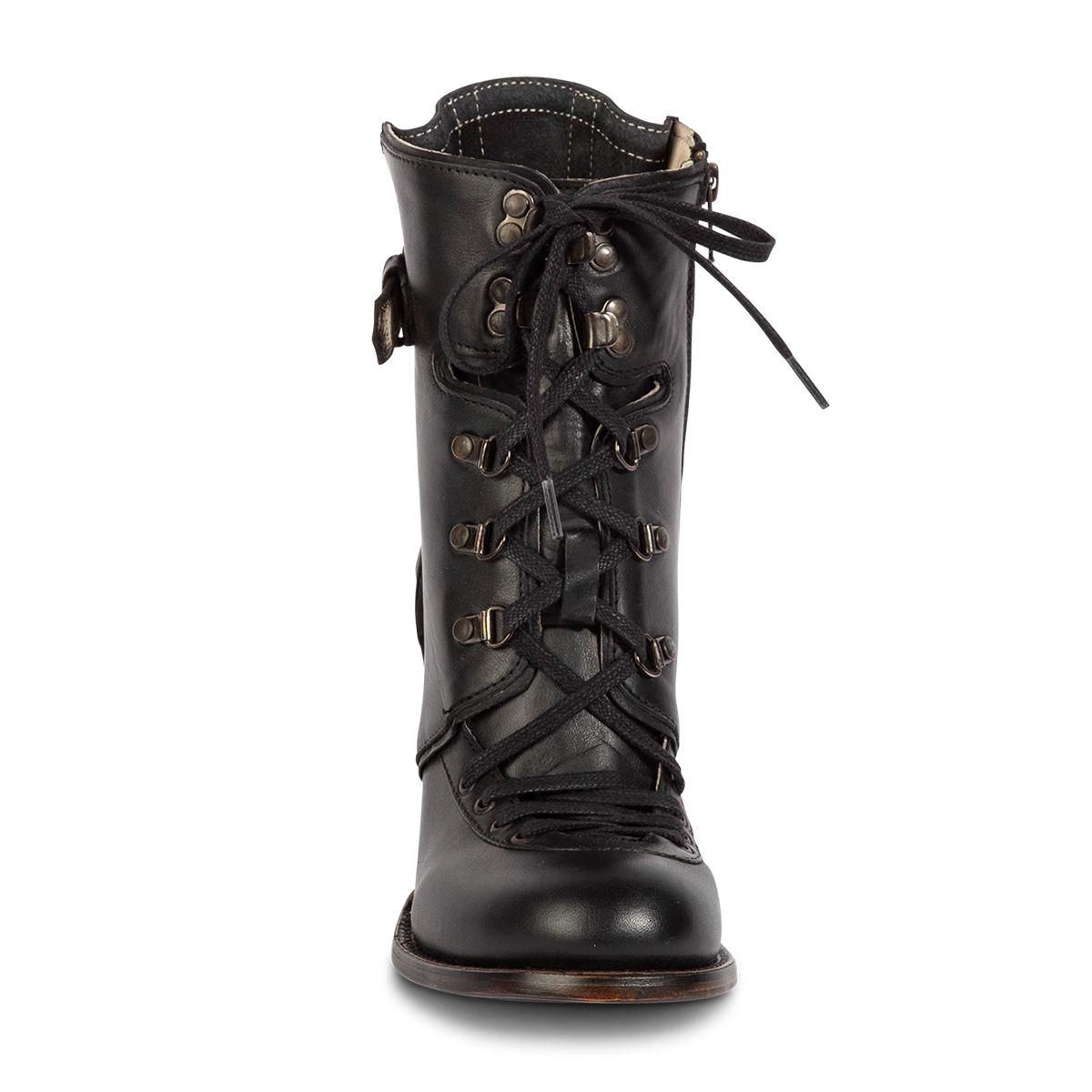 Front view showing Freebird women's BANKS black leather bootie with a front lace up closure and silver toned hardware