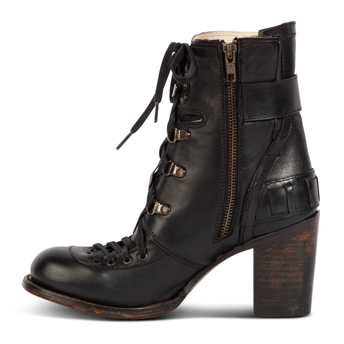 Inside view showing Freebird women's BANKS black leather bootie with an inside working brass zipper, a tall heel and front lace up closure
