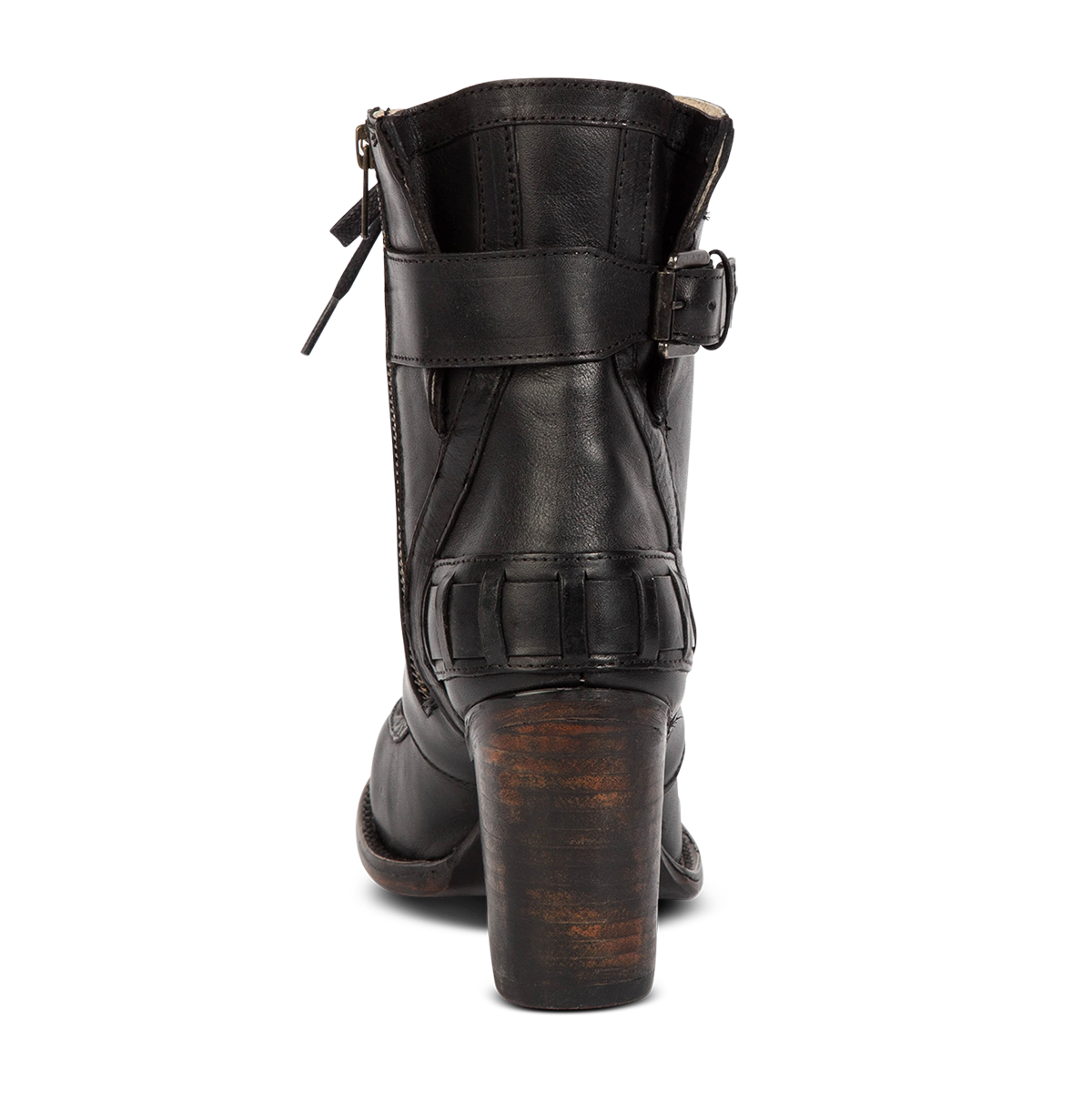 Back view showing Freebird women's BANKS black leather bootie with a tall heel and adjustable rear buckles