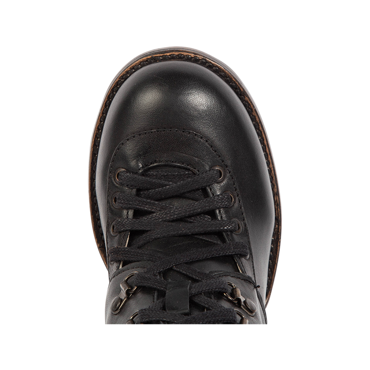 Top view showing a rounded toe construction on Freebird women's BANKS black leather bootie