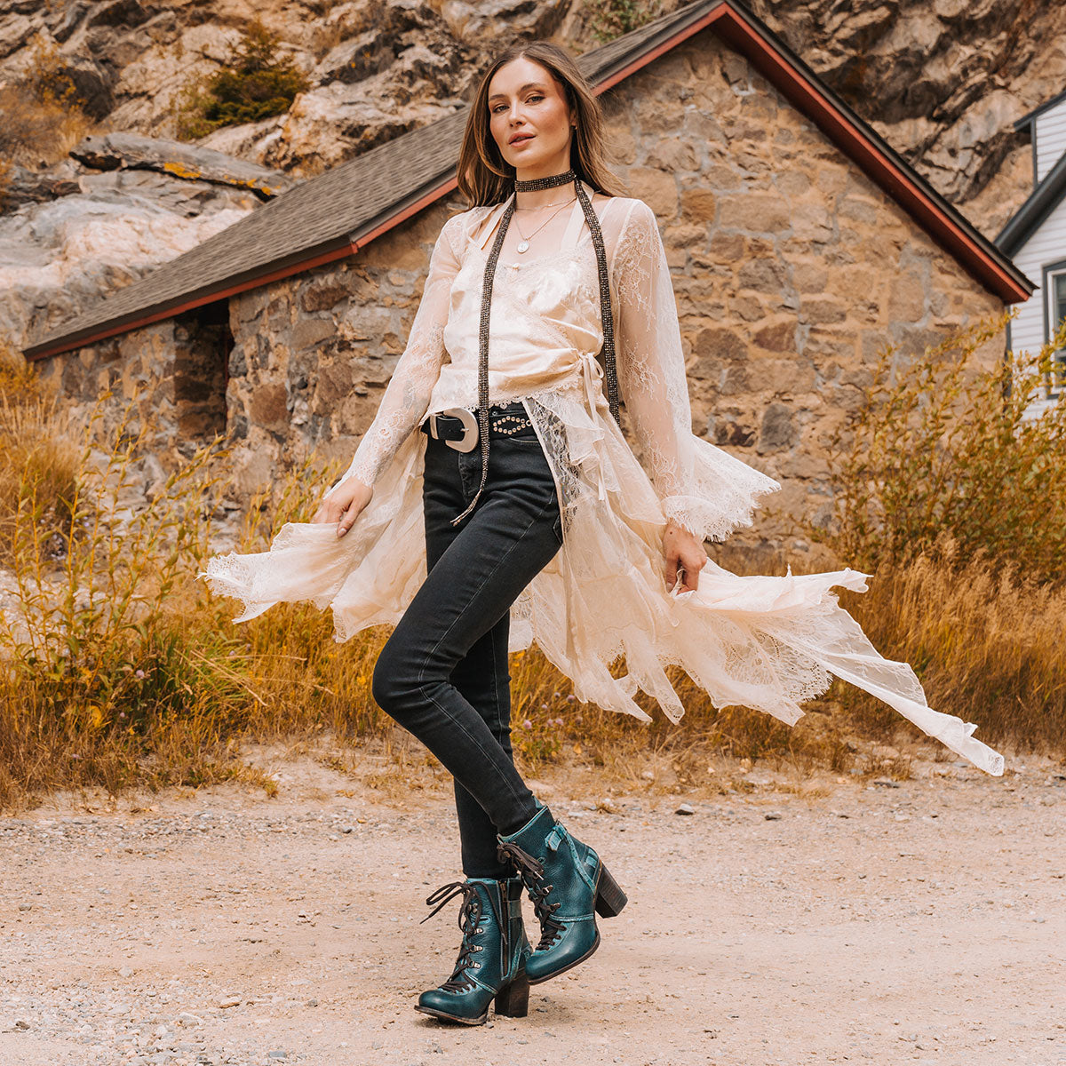 Freebird women's BANKS blue multi leather bootie with an inside working brass zipper, a tall heel and front lace up closure lifestyle