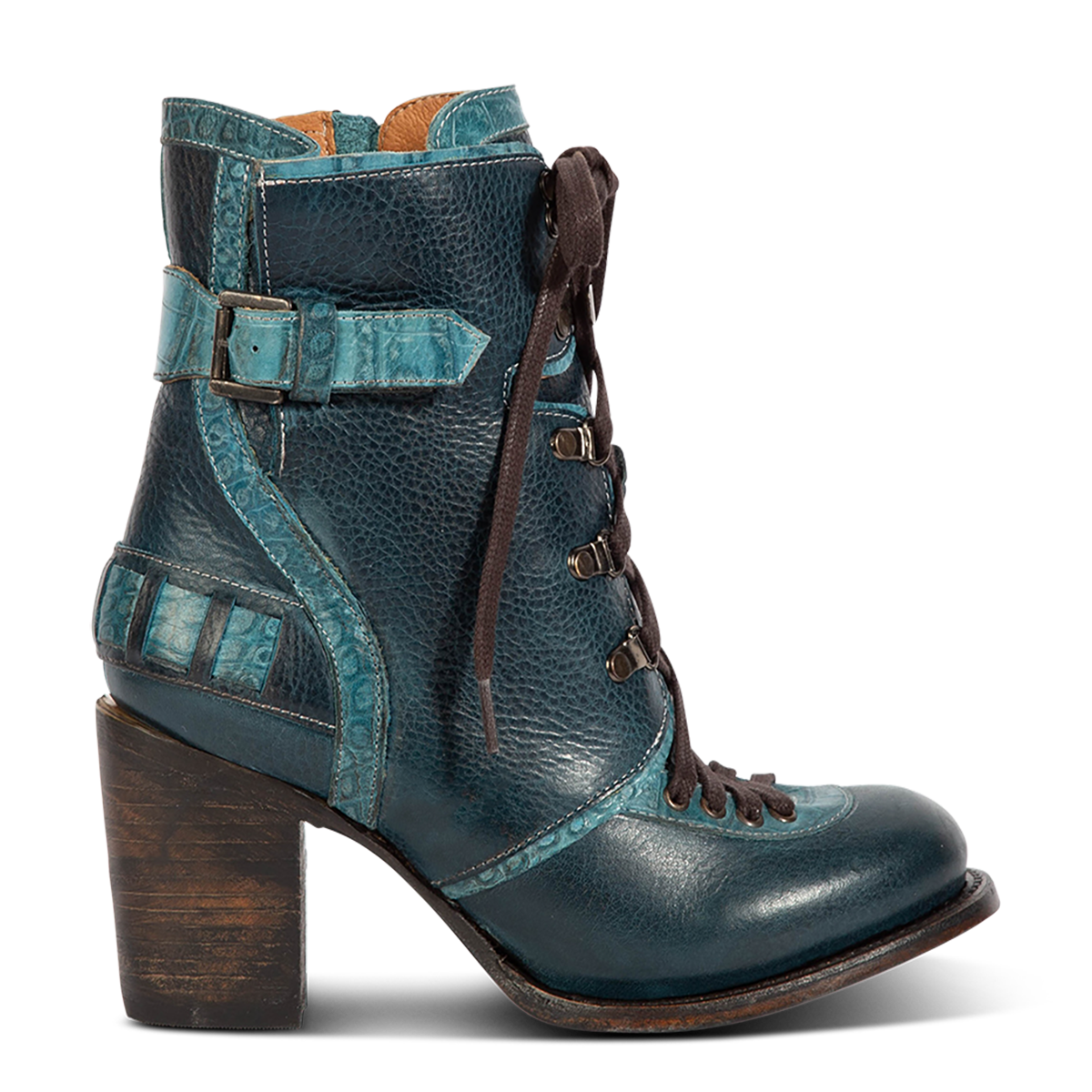Freebird women's BANKS blue multi leather bootie with an inside working brass zipper, a tall heel and front lace up closure