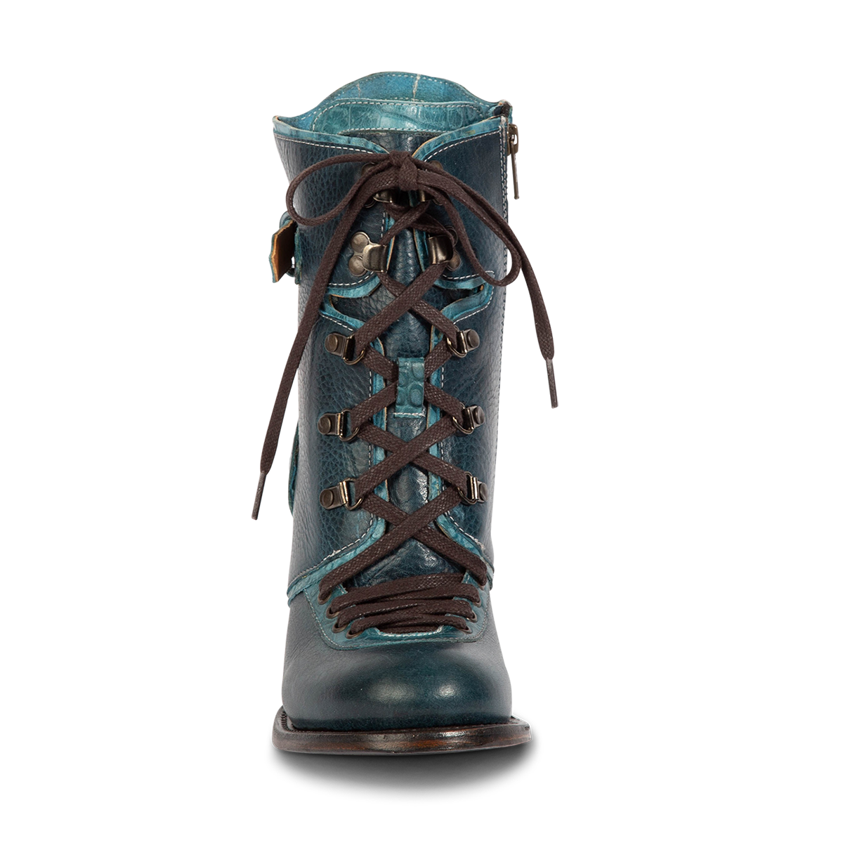 Front view showing Freebird women's BANKS blue multi leather bootie with a front lace up closure and silver toned hardware