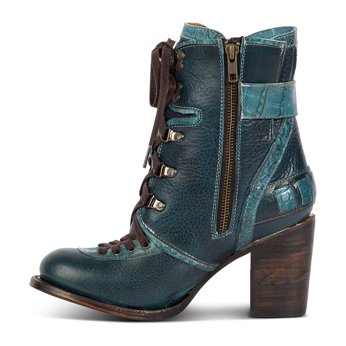 Inside view showing Freebird women's BANKS blue multi leather bootie with an inside working brass zipper, a tall heel and front lace up closure