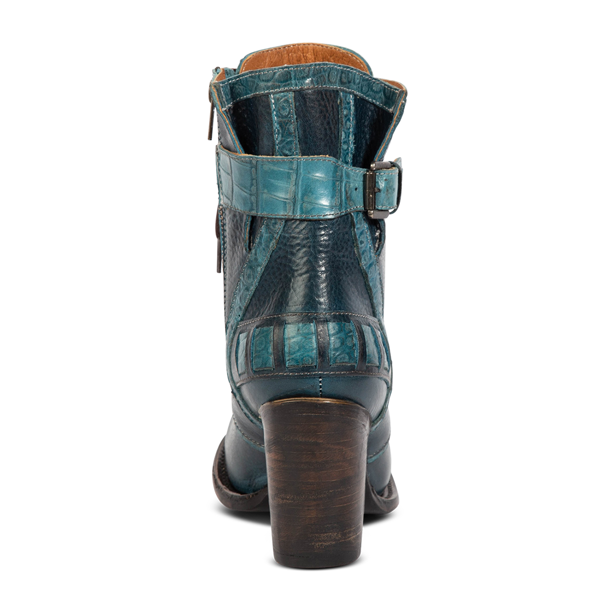 Back view showing Freebird women's BANKS blue multi leather bootie with a tall heel and adjustable rear buckles