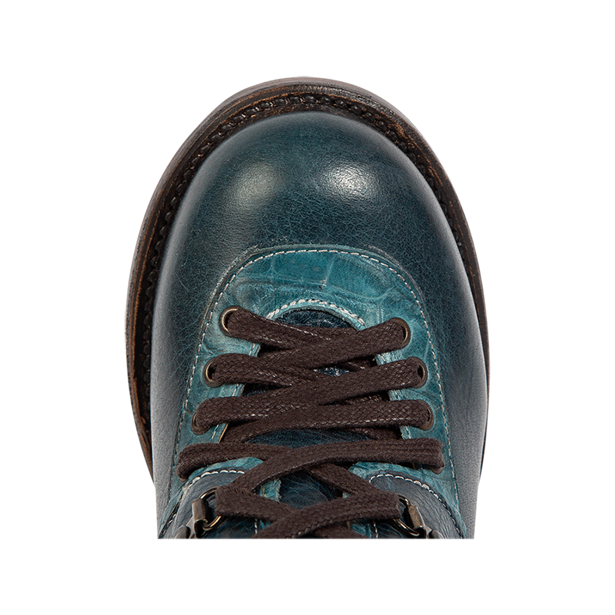 Top view showing a rounded toe construction on Freebird women's BANKS blue multi leather bootie