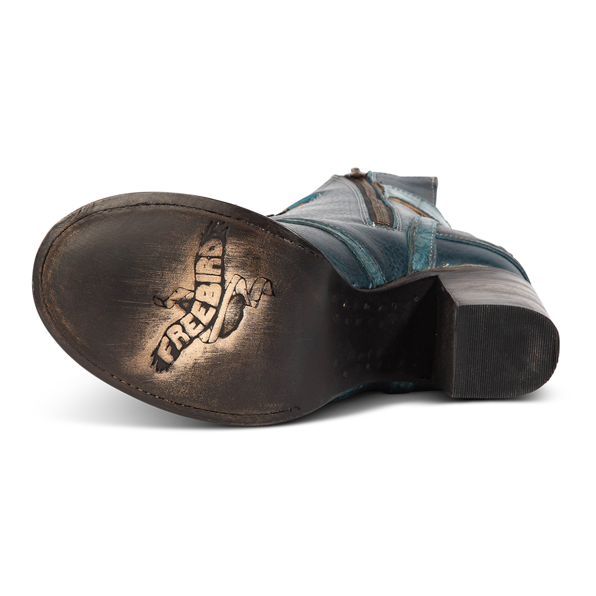 Leather sole imprinted with Freebird on women's BANKS blue multi leather bootie