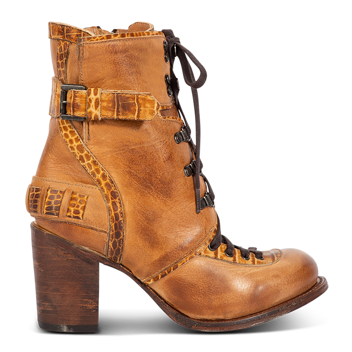 Freebird women's BANKS tan multi leather bootie with an inside working brass zipper, a tall heel and front lace up closure