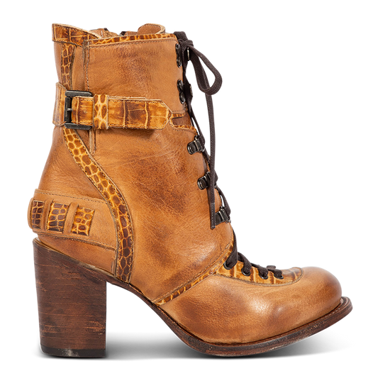 Freebird women's BANKS tan multi leather bootie with an inside working brass zipper, a tall heel and front lace up closure