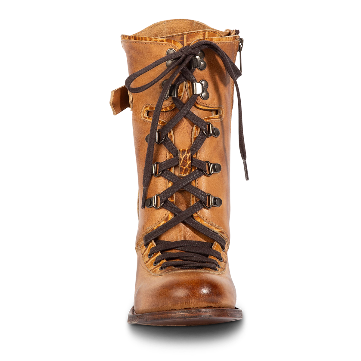 Front view showing Freebird women's BANKS tan multi leather bootie with a front lace up closure and silver toned hardware