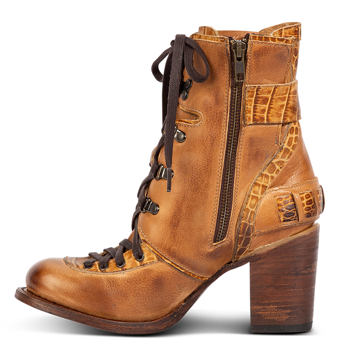 Inside view showing Freebird women's BANKS tan multi leather bootie with an inside working brass zipper, a tall heel and front lace up closure