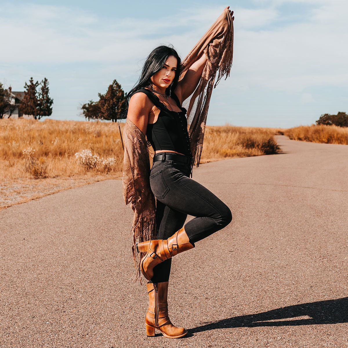 FREEBIRD women's Barker beige mid calf boot with tall heel and round toe lifestyle