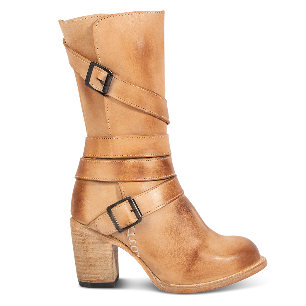 FREEBIRD women's Barker beige mid calf boot with tall heel and round toe