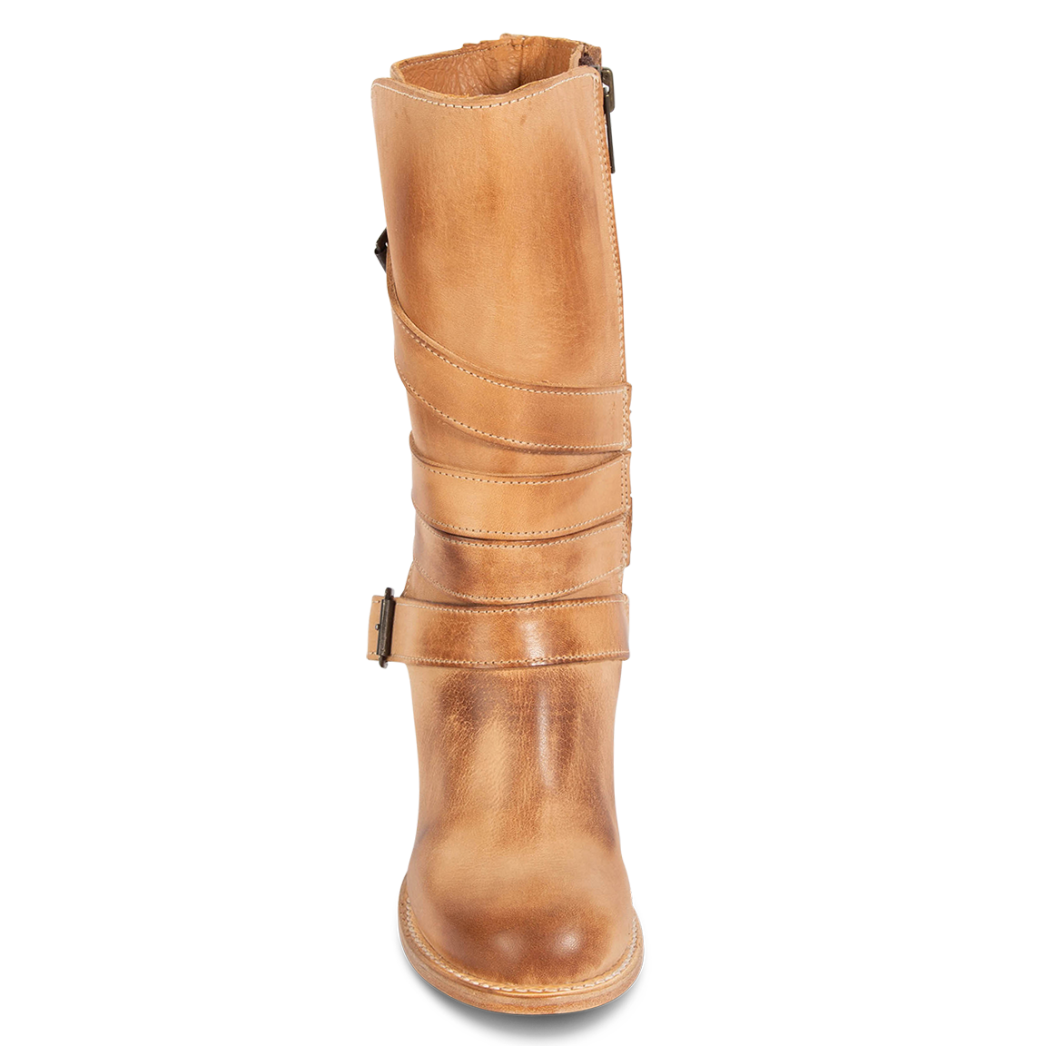 Front view showing leather straps on FREEBIRD women's Barker beige mid calf boot
