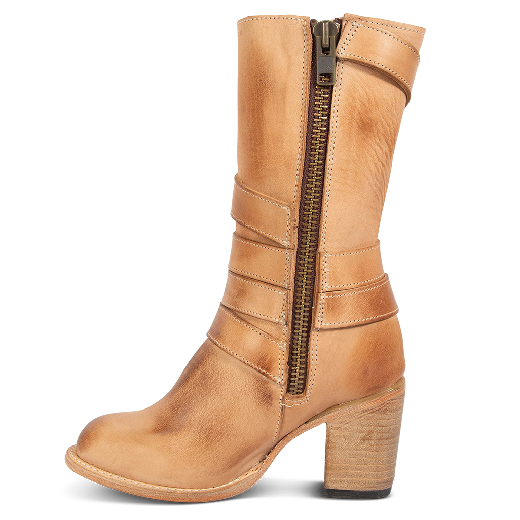 Inside view showing zipper closure on FREEBIRD women's Barker beige mid calf boot