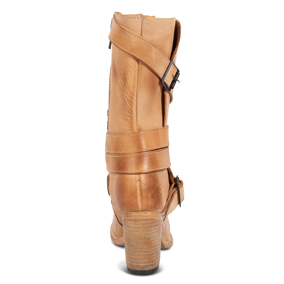Back view showing tall heel on FREEBIRD women's Barker beige mid calf boot
