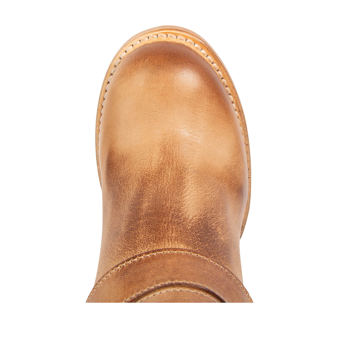 Top view showing round toe on FREEBIRD women's Barker beige mid calf boot