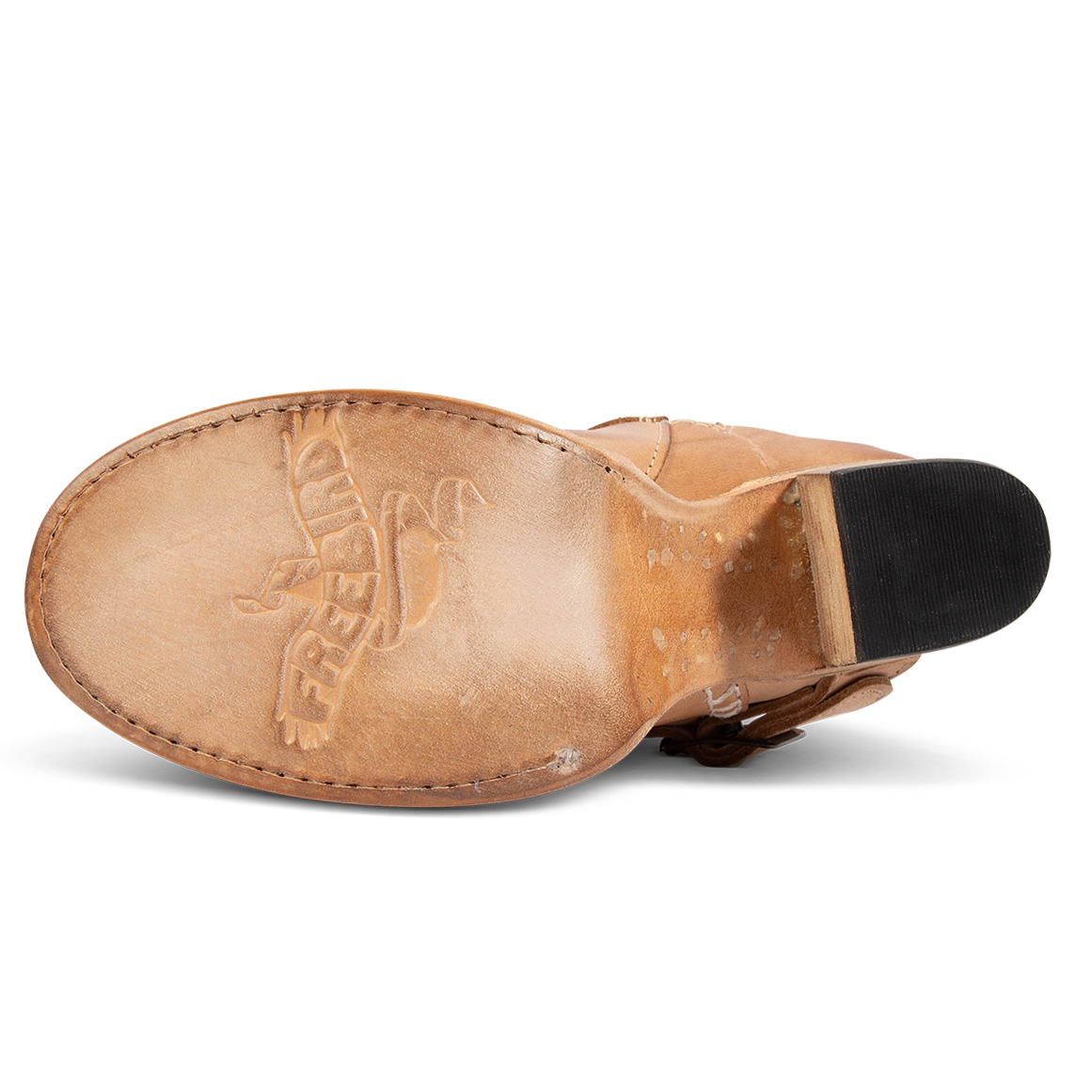 Leather sole imprinted with FREEBIRD on women's Barker beige mid calf boot with tall heel and round toe
