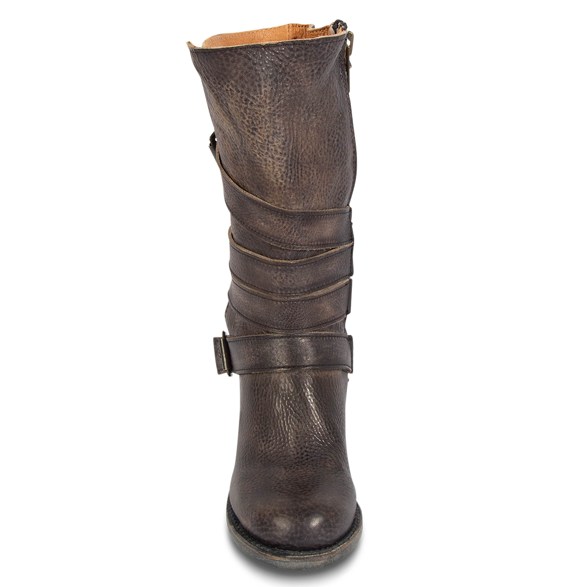 Front view showing leather straps on FREEBIRD women's Barker black mid calf boot