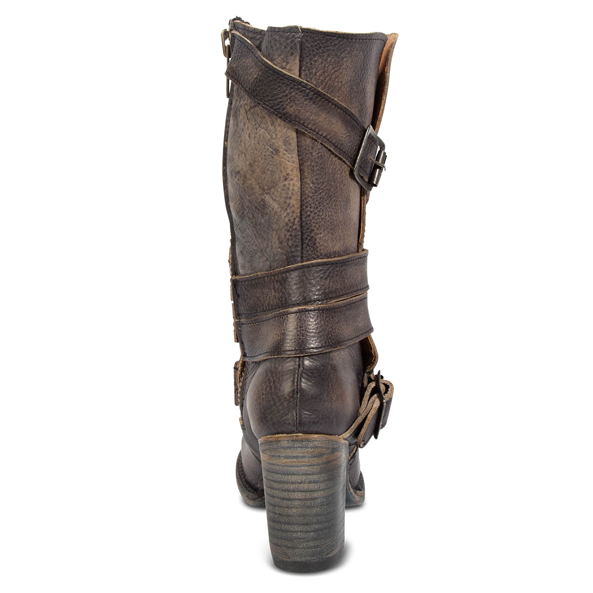 Back view showing tall heel on FREEBIRD women's Barker black mid calf boot