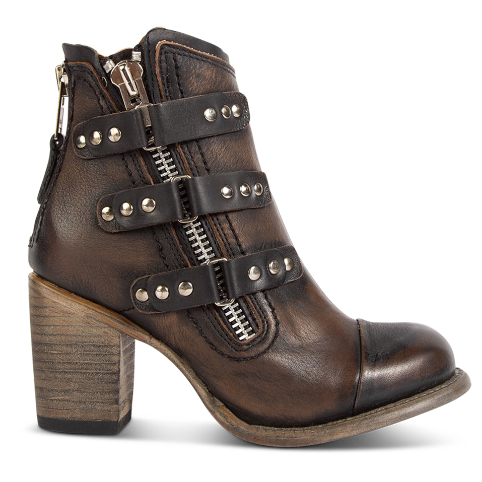 FREEBIRD women's Beckett black full grain leather bootie with inside zip closure, stacked heel, and embellished leather overlays