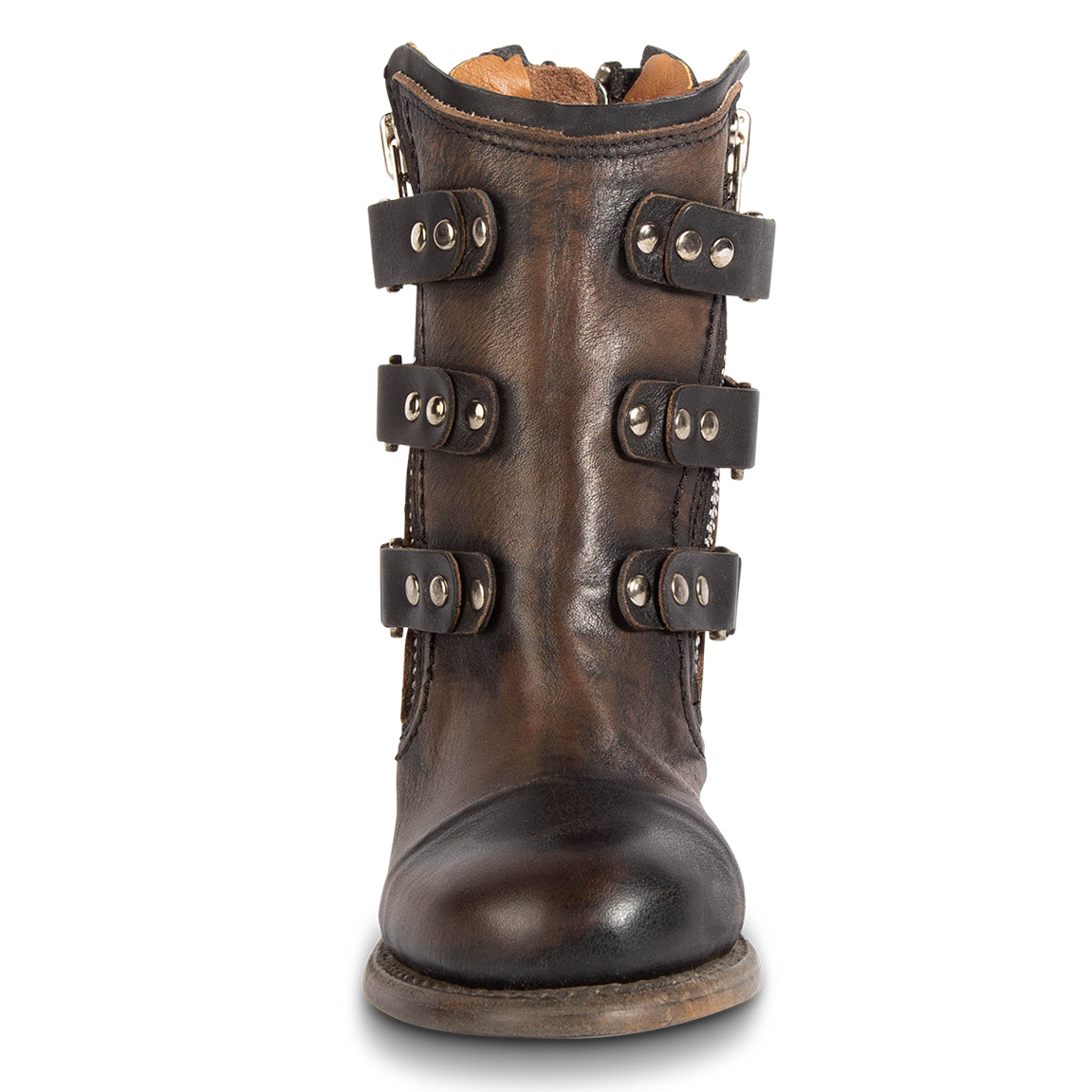 Front view showing round toe and stud embellished leather overlays on FREEBIRD women's Beckett black leather bootie