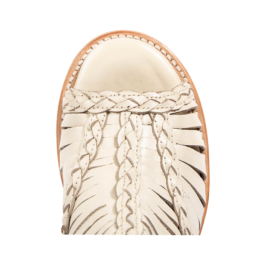 Top view showing an open toe construction on FREEBIRD women's Bela beige leather sandal 