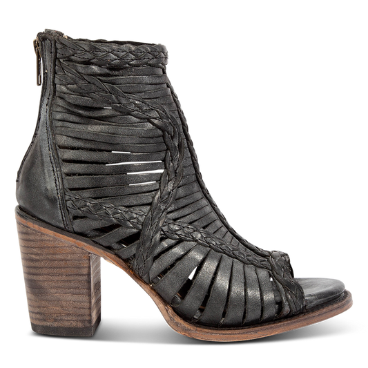 FREEBIRD women's Bela black leather sandal with laser cut leather, braided accents and a working brass zip closure