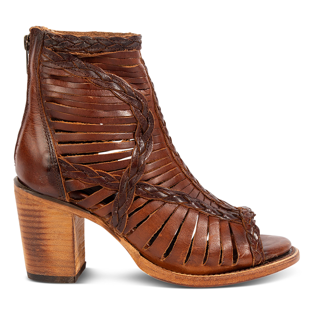 FREEBIRD women's Bela cognac leather sandal with laser cut leather, braided accents and a working brass zip closure