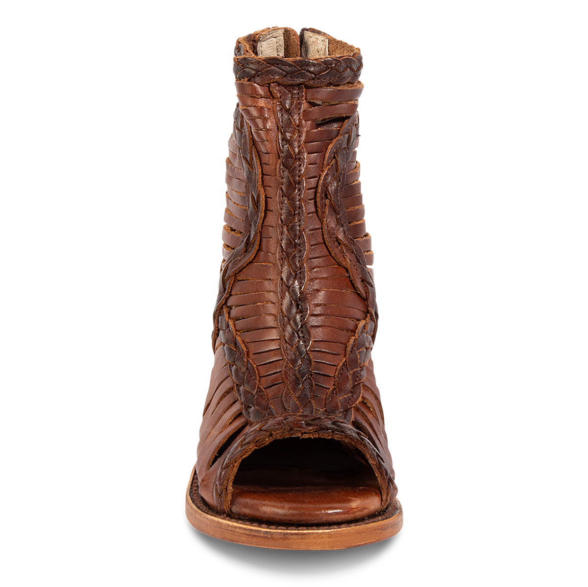 Front view showing laser cut leather, detailed braided accents and open toe construction on FREEBIRD women's Bela cognac leather sandal