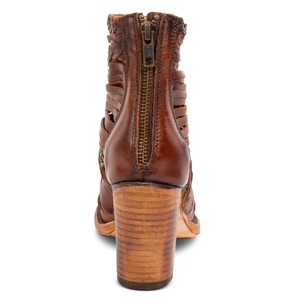 Back view showing a stacked heel and working brass zipper on FREEBIRD women's Bela cognac leather sanadal