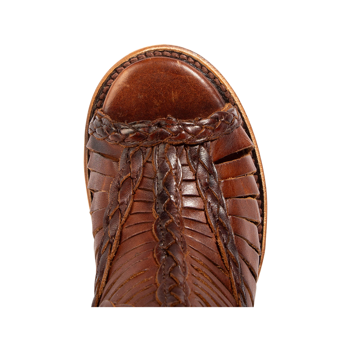 Top view showing an open toe construction on FREEBIRD women's Bela cognac leather sandal 