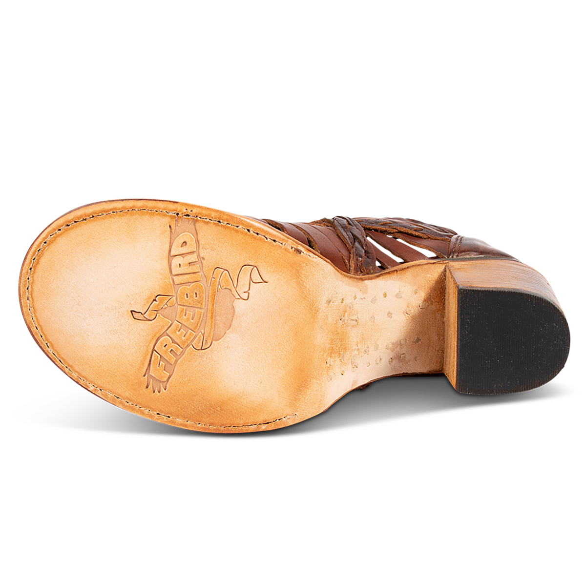 Leather sole imprinted with FREEBIRD on women's Bela cognac leather sandal
