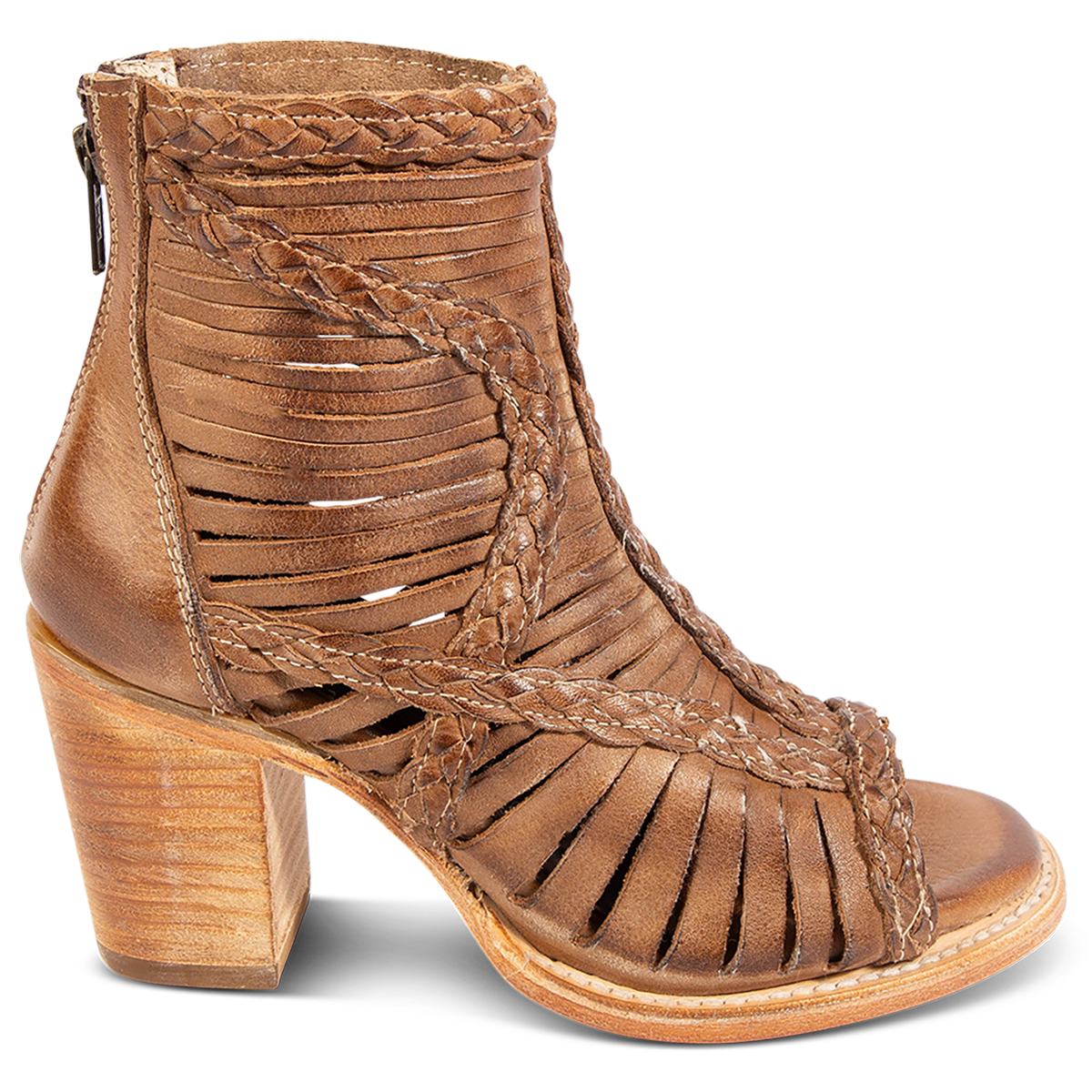 FREEBIRD women's Bela wheat leather sandal with laser cut leather, braided accents and a working brass zip closure