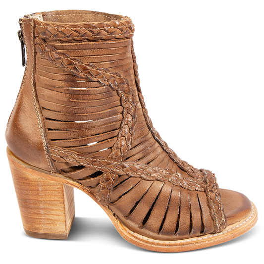 FREEBIRD women's Bela wheat leather sandal with laser cut leather, braided accents and a working brass zip closure