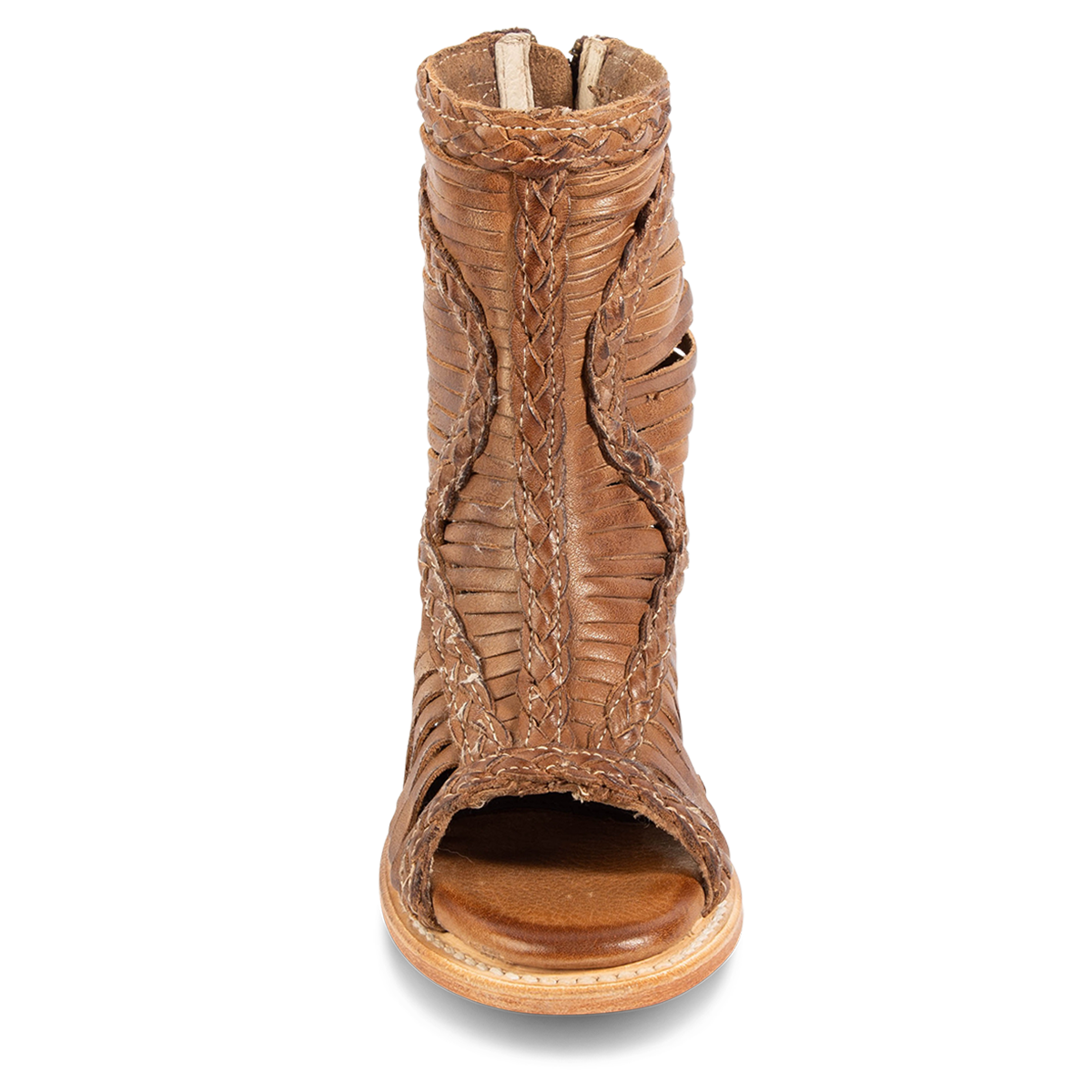 Front view showing laser cut leather, detailed braided accents and open toe construction on FREEBIRD women's Bela wheat leather sandal