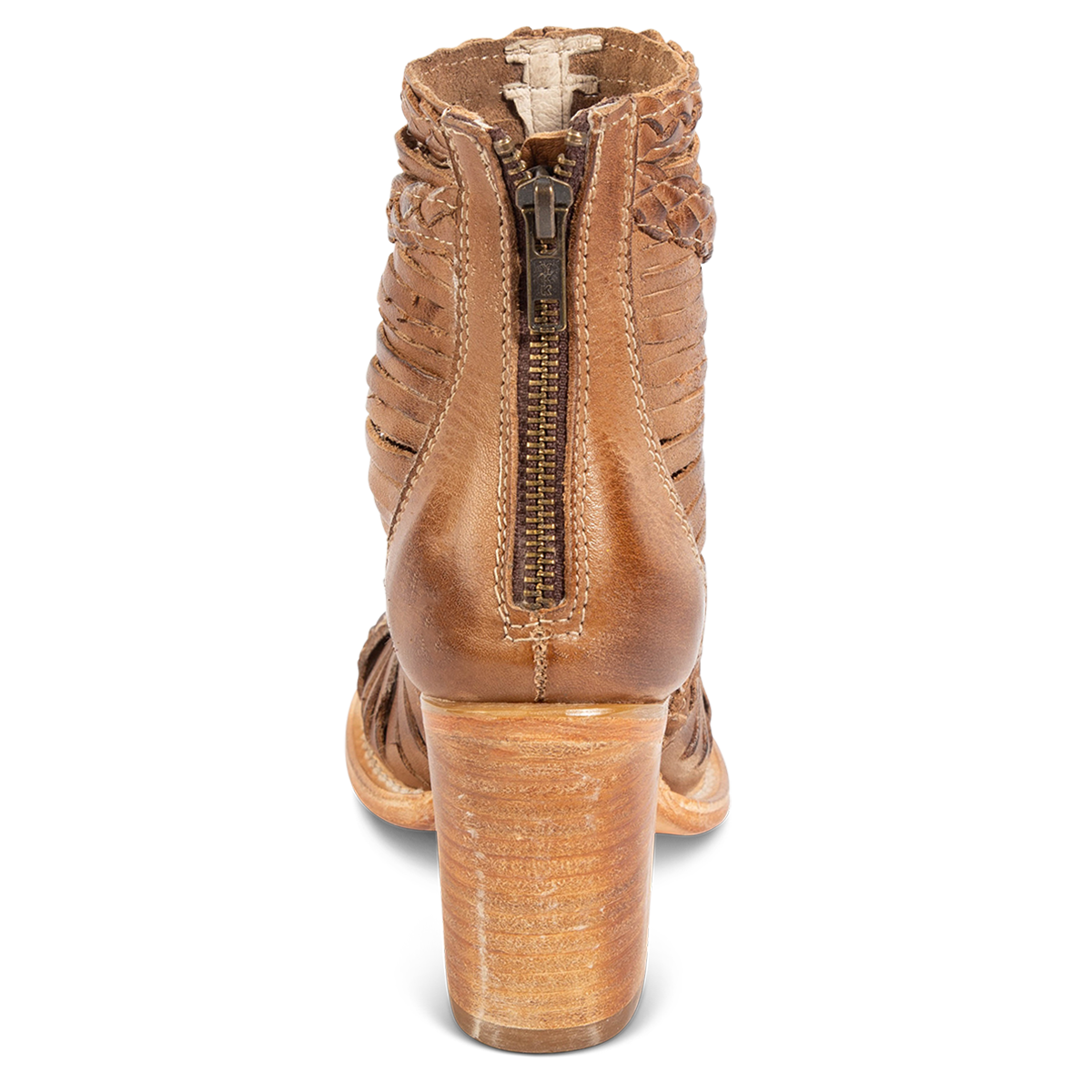 Back view showing a stacked heel and working brass zipper on FREEBIRD women's Bela wheat leather sanadal
