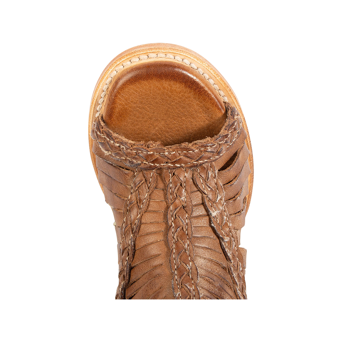 Top view showing an open toe construction on FREEBIRD women's Bela wheat leather sandal 