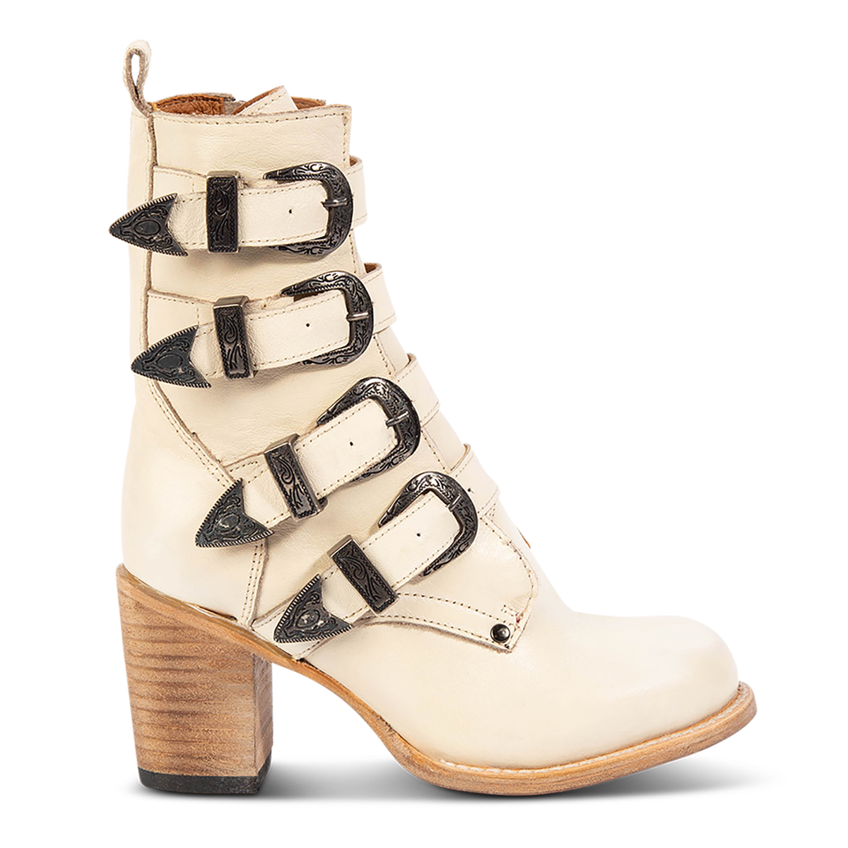 FREEBIRD women's Belladonna beige western buckle bootie with tall heel and round toe