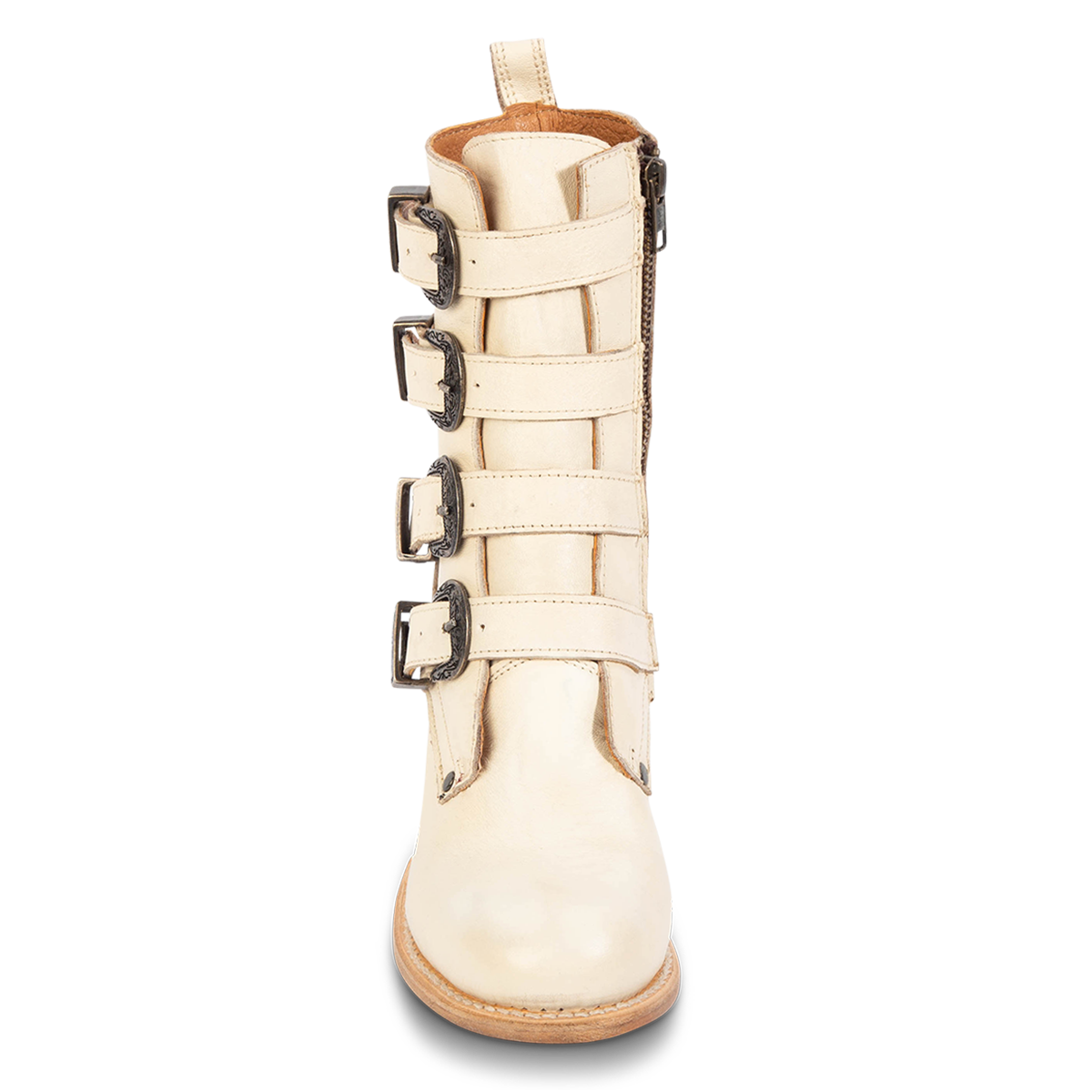 Front view showing four buckle straps on FREEBIRD women's Belladonna beige western round toe bootie