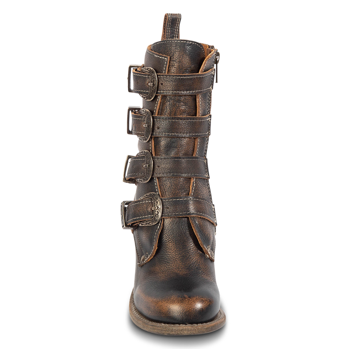 Front view showing four buckle straps on FREEBIRD women's Belladonna black western round toe bootie