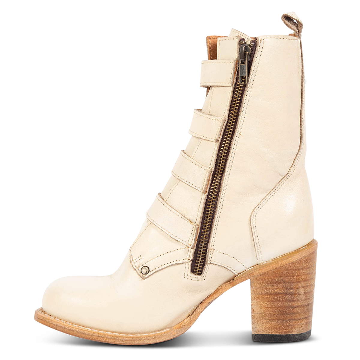Inside view showing zip closure on FREEBIRD women's Belladonna beige western round toe bootie