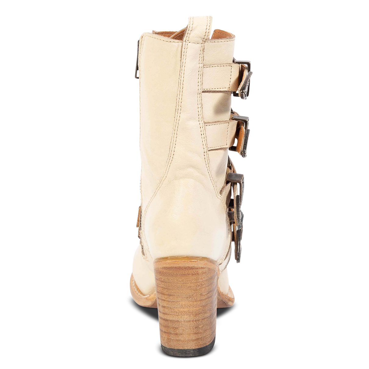 Back view showing tall heel on FREEBIRD women's Belladonna beige western round toe bootie