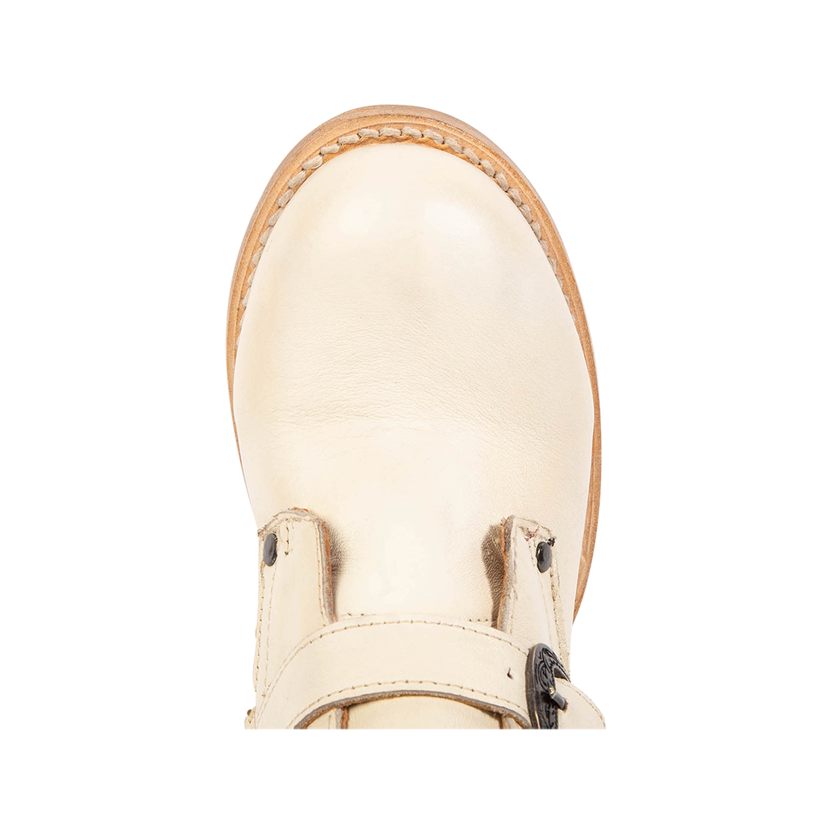 Top view showing round heel on FREEBIRD women's Belladonna beige western bootie