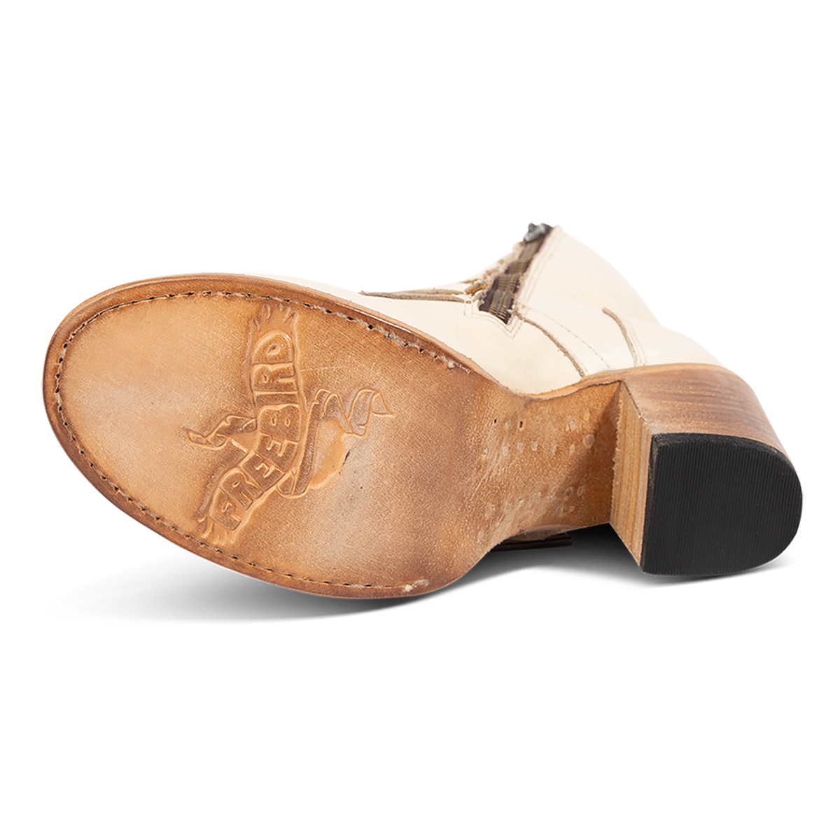 Leather sole imprinted with FREEBIRD on women's Belladonna beige western bootie