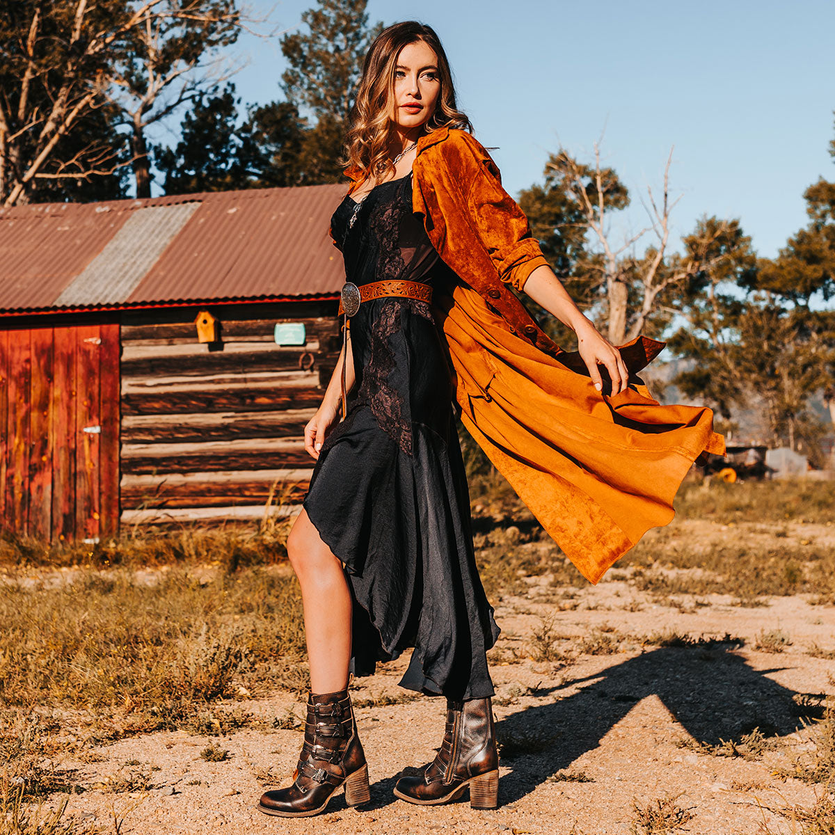 FREEBIRD women's Belladonna black western buckle bootie with tall heel and round toe lifestyle