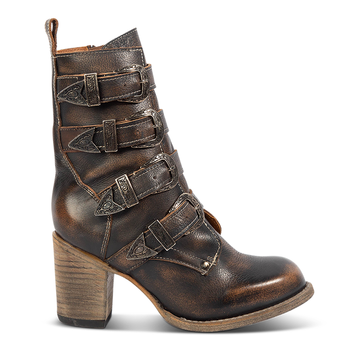 FREEBIRD women's Belladonna black western buckle bootie with tall heel and round toe