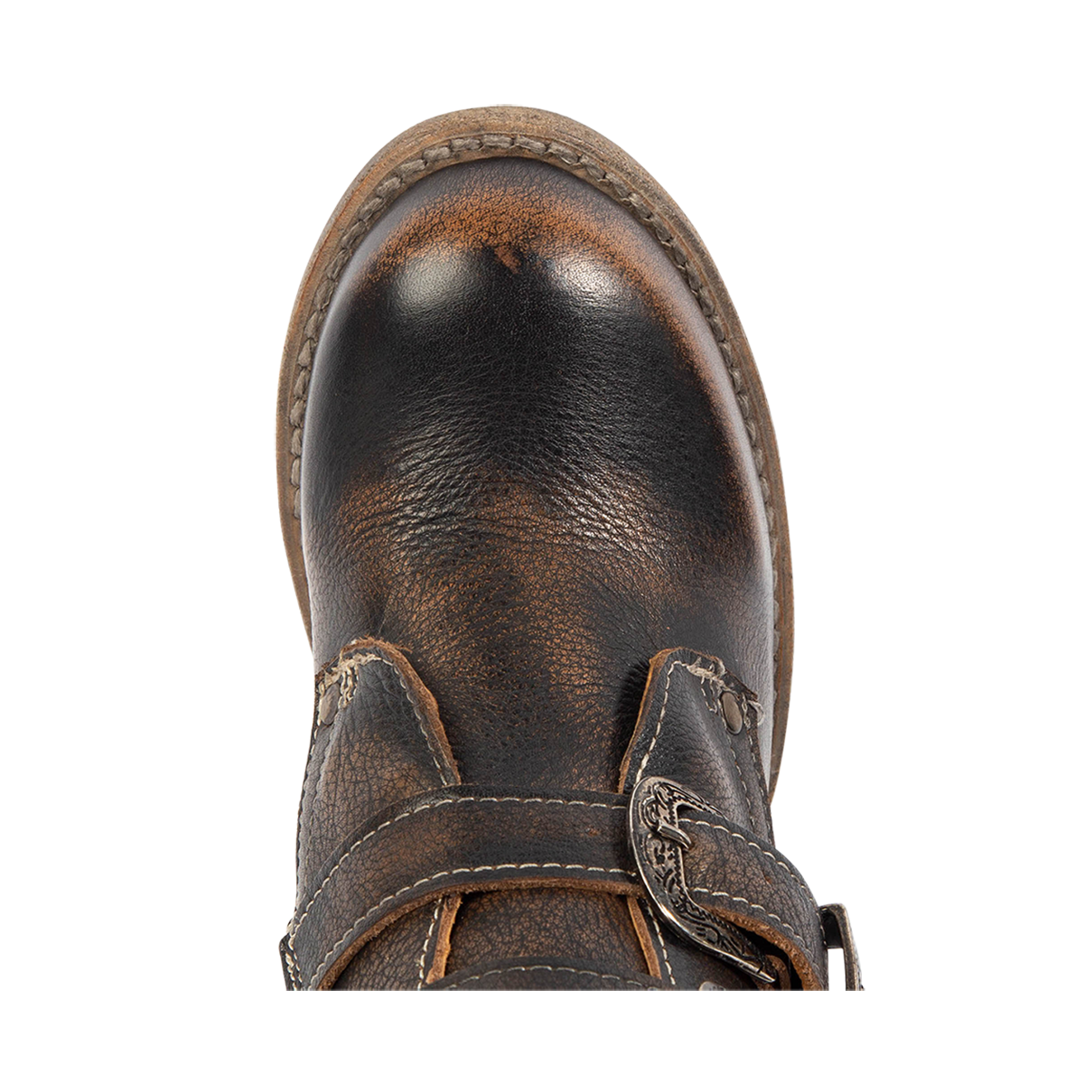 Top view showing round heel on FREEBIRD women's Belladonna black western bootie